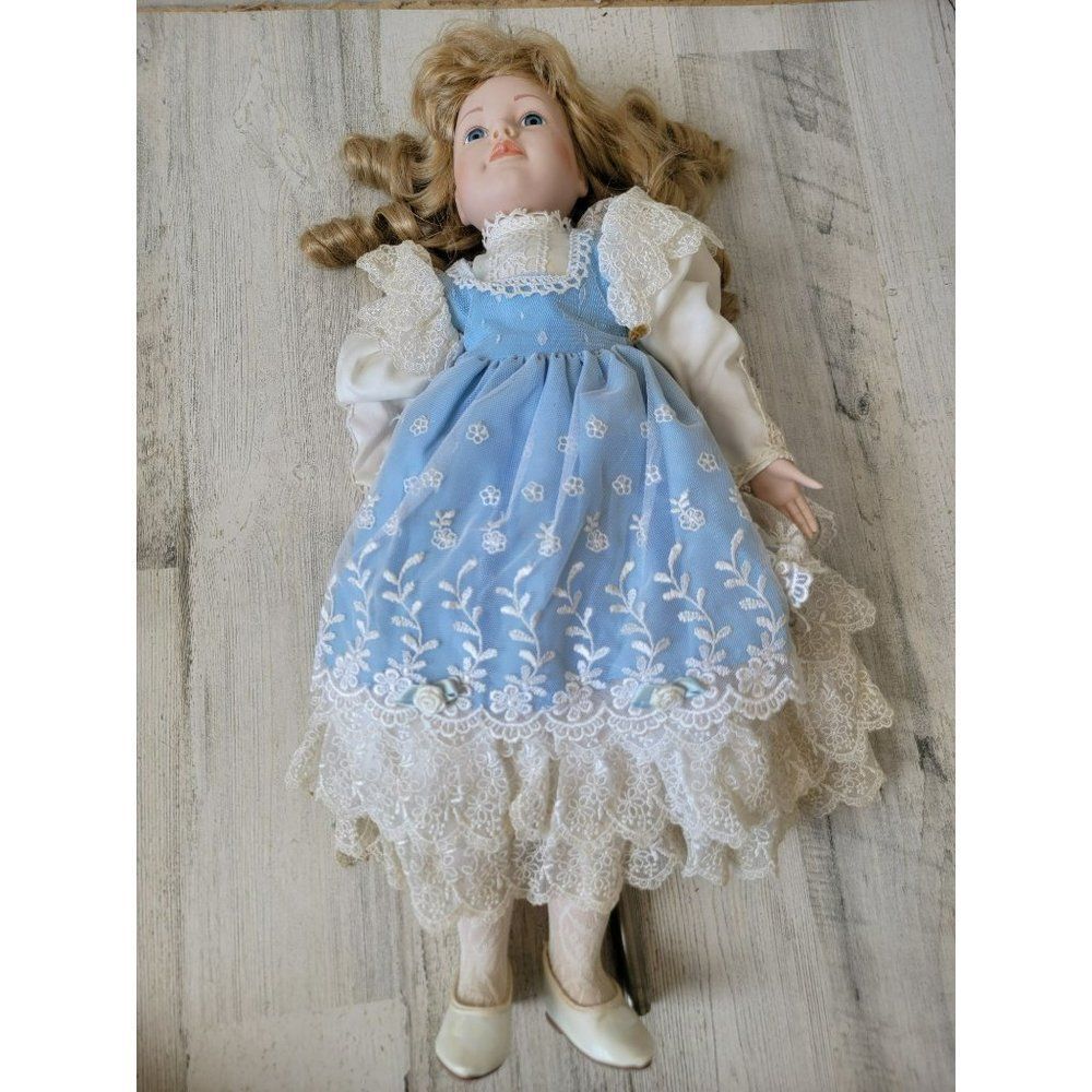 Vintage Fine horse‎ blonde hair blue school girl porcelain doll collectible